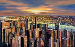 Evening Panoramic View of New York by Csilla Orban - Original Painting on Box Canvas sized 48x30 inches. Available from Whitewall Galleries